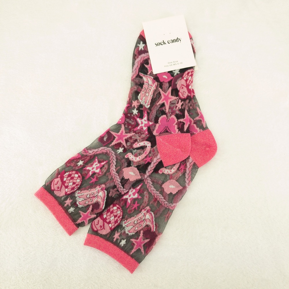 Sock Candy Disco Barbie Cowgirl Sheer Socks Womens One Sz Black Pink Western New